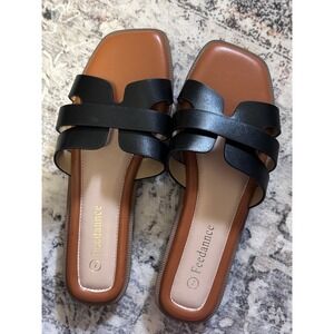 New Women's Black Tan Square Toe Slide Sandals Size 7
